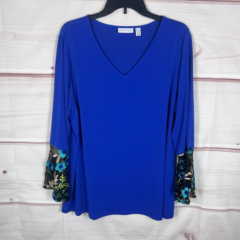 Susan Graver Top Women 1X Blue Liquid Knit Embroidered Mesh Cuff V-Neck Blouse